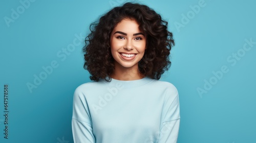 Charming cheerful young woman demonstrating advertising copy, blank space, bright blue background.