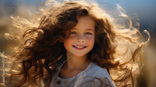 Photograph of a sweet little outdoor girl with curly hair in the breeze.