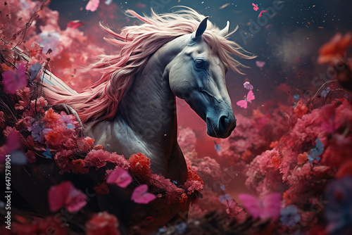 White horse portrait in spring pink magenta blossom tree  AI Generative..