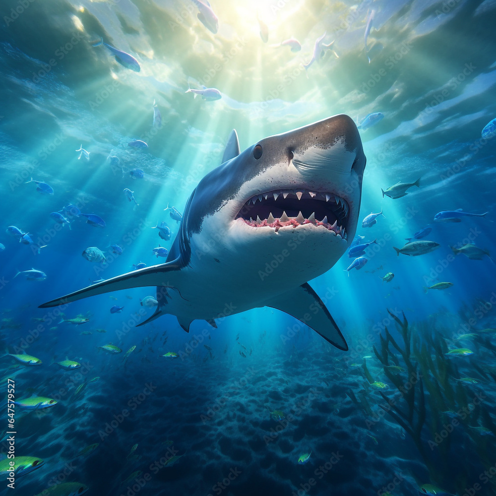 Naklejka premium 3D big shark predator of small fish