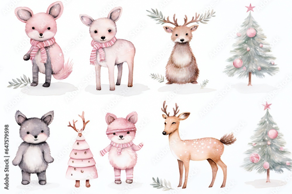 Fototapeta premium Pink pastel watercolor Christmas animals clip art Generative AI