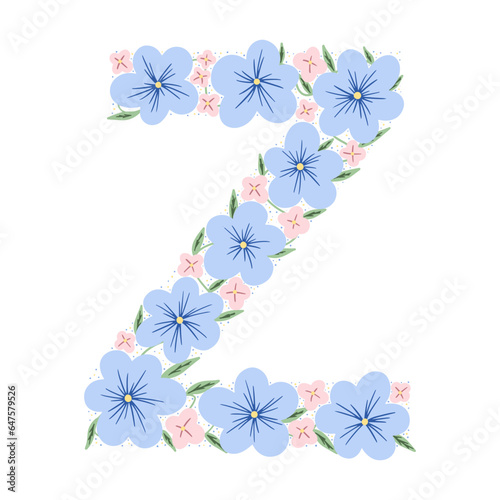 Fototapeta Naklejka Na Ścianę i Meble -  Floral botanical alphabet. Vintage hand drawn monogram letter Z. Letter with plants and flowers. Vector lettering isolated on white