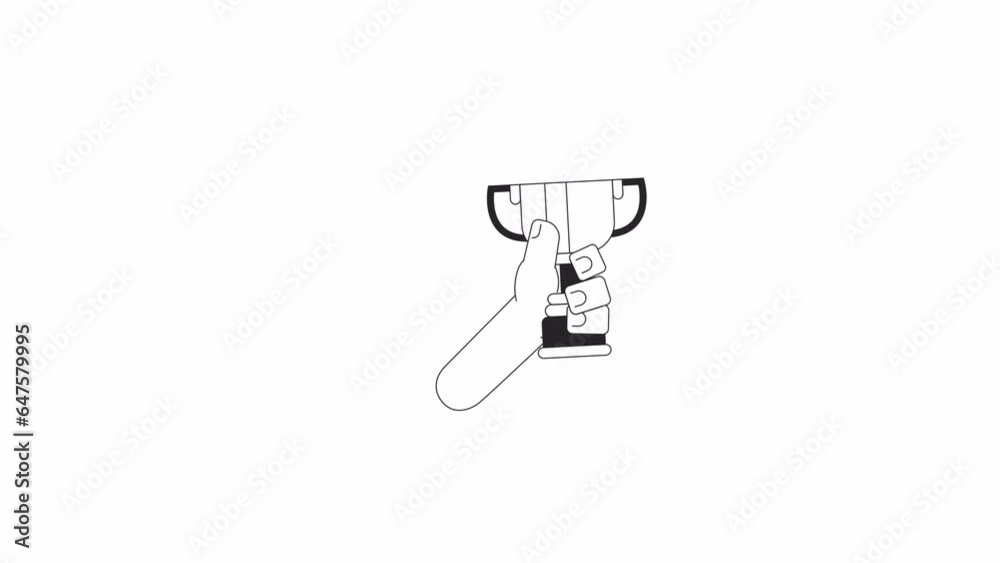 Hand holding trophy bw 2D character hand animation. Winning cup, sports prize outline cartoon 4K video, alpha channel. Leadership. Winner holding animated person body part isolated on white background Hand holding trophy bw 2D character hand animation. Winning cup, sports prize outline cartoon 4K video, alpha channel. Leadership. Winner holding animated person body part isolated on white background