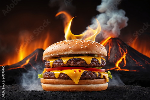 Close-up eines würzigen Hamburgers mit mehreren Feuerflammen darauf, Rauch, Lava, Vulkan im Hintergrund. photo