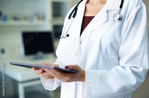 Young female doctor in white coat looking at camera while standing in office of modern clinic. Made with AI gereration