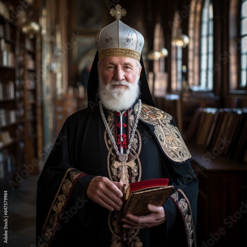 Orthodox priest stand with Bible and smiling photo