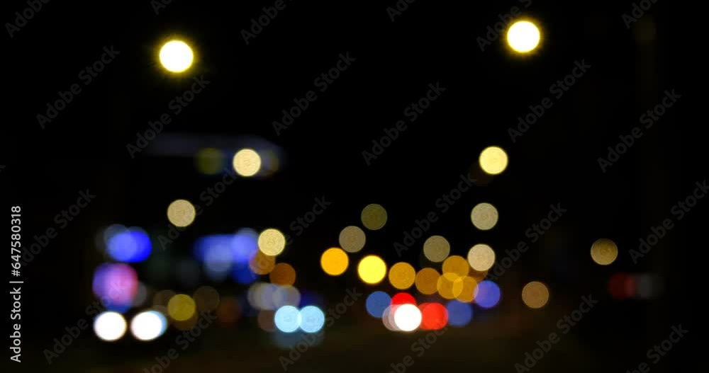 defocused blurry motion colorful bokeh of city night light traffic