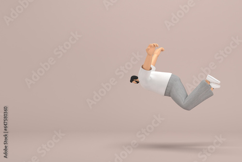 The man with beard wearinggray corduroy pants and white collar t-shirt.  3d rendering of cartoon character in acting. He is falling down.