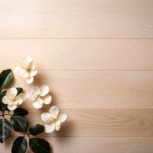 Wood display on natural light creamish background and flower photo