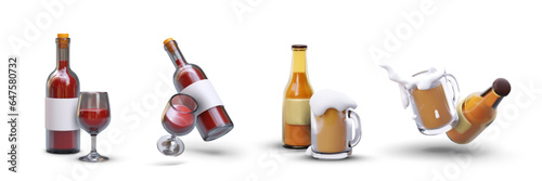 Set of alcoholic drinks icons. Red wine in bottle and glass. Bottled beer, mug with foamy drink. Isolated icons on white background. Illustrations for web design