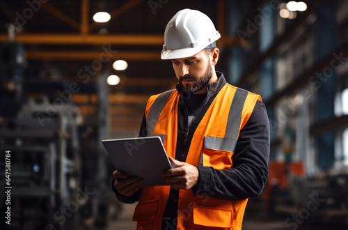 A civil engineer holds documents in his hands, looks forward and thinks, plans against the background of the construction of a building. Made with AI gereration © millenius