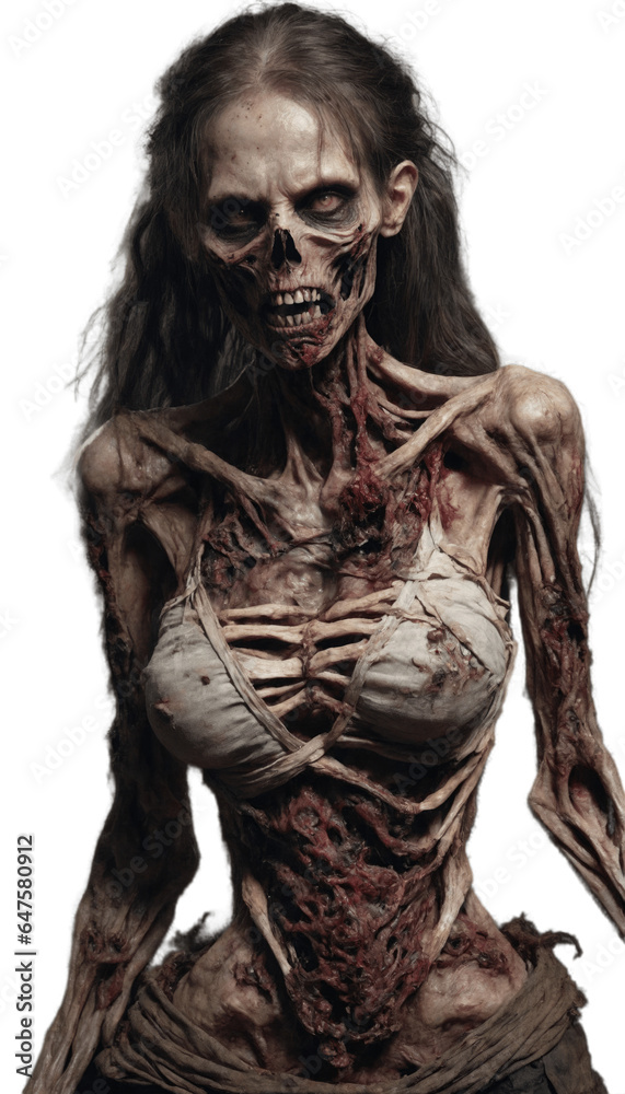 Scary female zombie in torn clothes with flesh wounds isolated on white background photorealistic style Halloween woman illustration Scary female zombie in torn clothes with flesh wounds isolated on white background photorealistic style Halloween woman illustration
