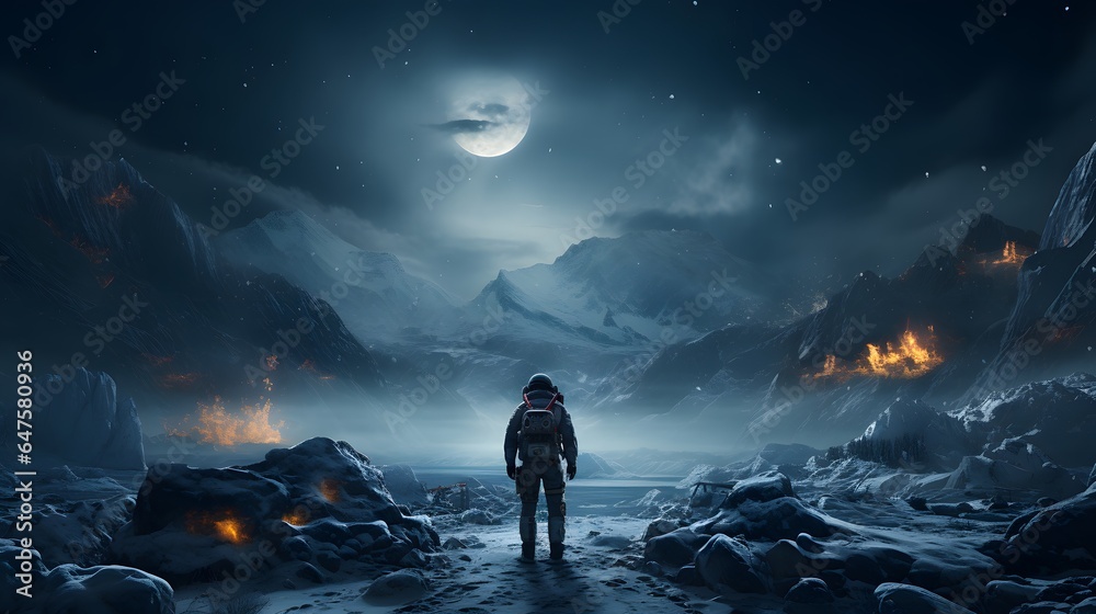 The astronaut Standing on a thick layer of snow or ice, Astronaut with aurora sky