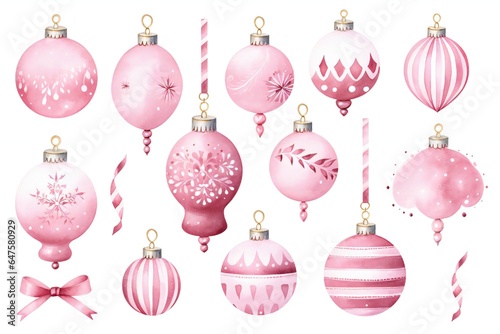Pink pastel watercolor Christmas decorations clip art Generative AI