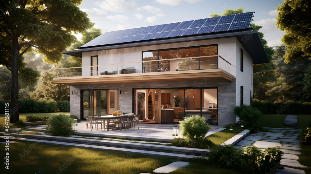 Embrace sustainable living with a focus on eco-friendly features. This highly detailed photograph highlights energy-efficient windows, solar panels, and green landscaping.