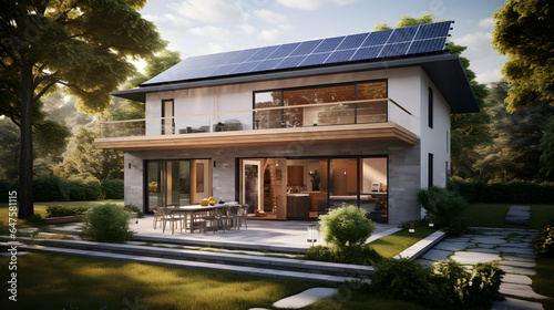 Embrace sustainable living with a focus on eco-friendly features. This highly detailed photograph highlights energy-efficient windows, solar panels, and green landscaping. © CanvasPixelDreams