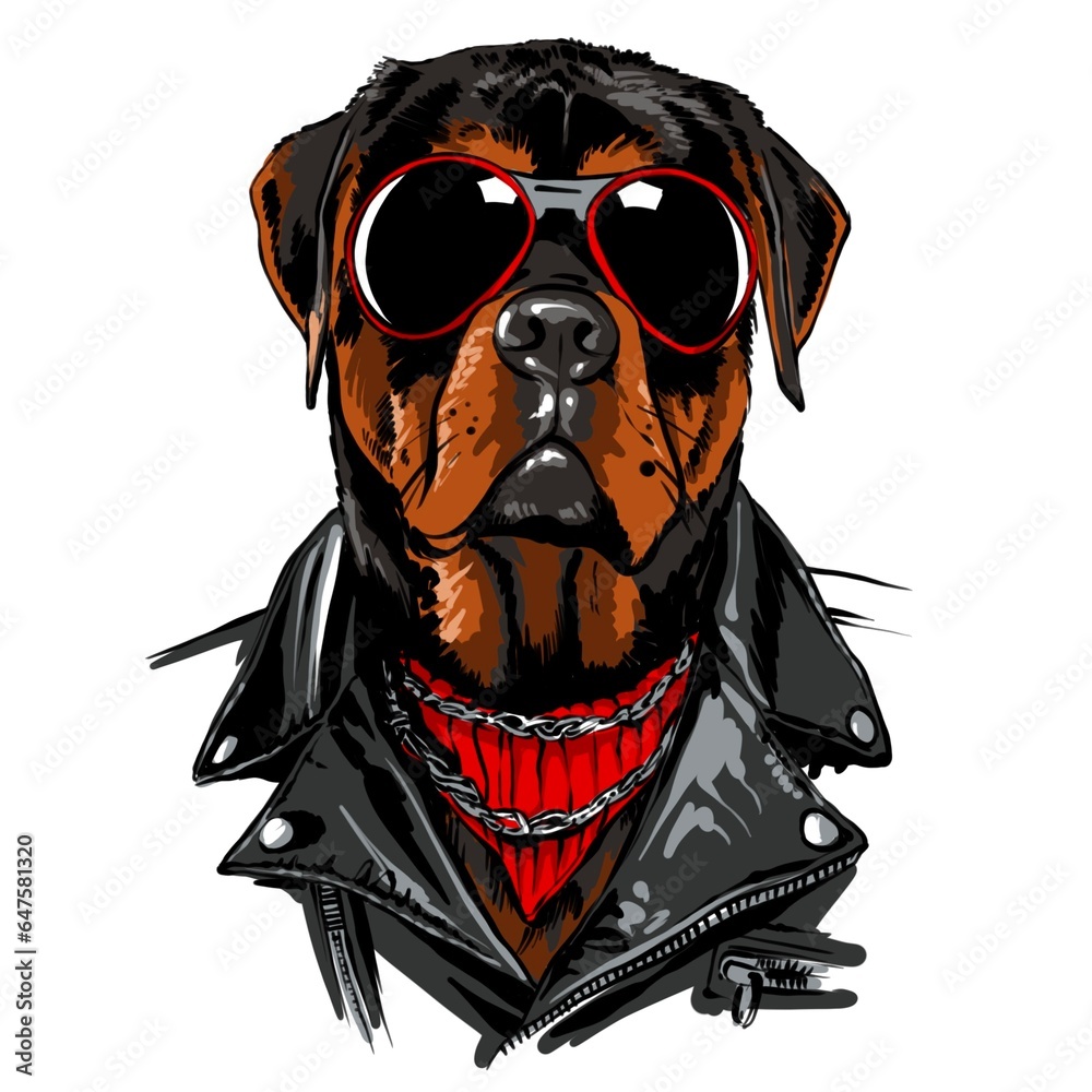 Fototapeta premium bulldog Dog in Rock leather jacket and sunglasses illustration . Rocker style animal colour sketch. simple design for t-shirt print