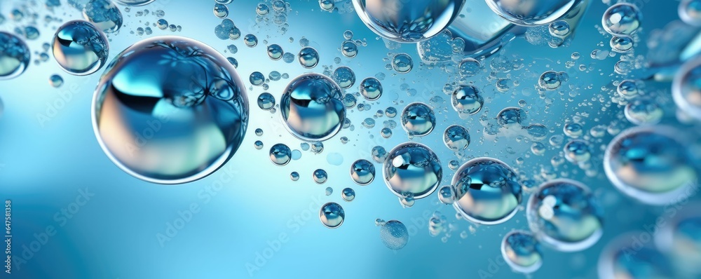 Oxygen bubbles in clear blue water, close-up