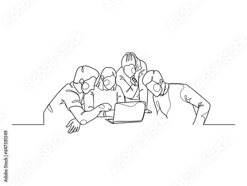 Continuous one line drawing of business people teamwork. Vector illustration.