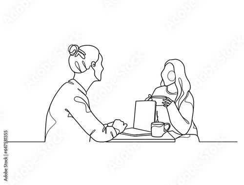 Continuous one line drawing of business people teamwork. Vector illustration.