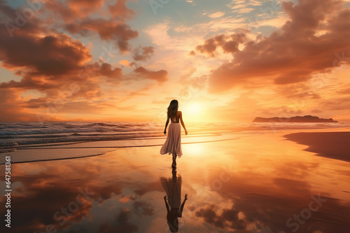 woman walking on the beach at sunrise