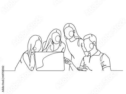 Continuous one line drawing of business people teamwork. Vector illustration.