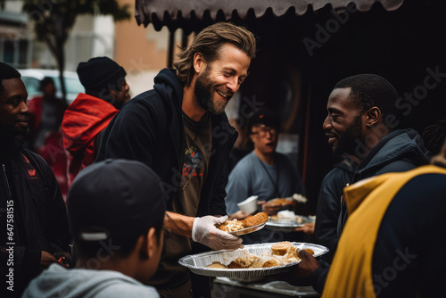 Volunteers distribute free food to the homeless