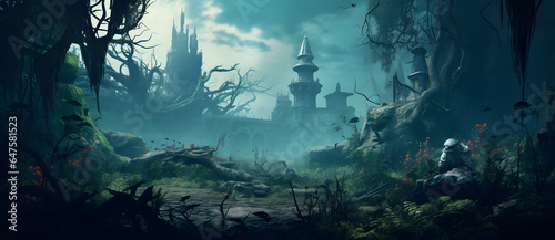 a creepy dark forest with a castle at the end of it