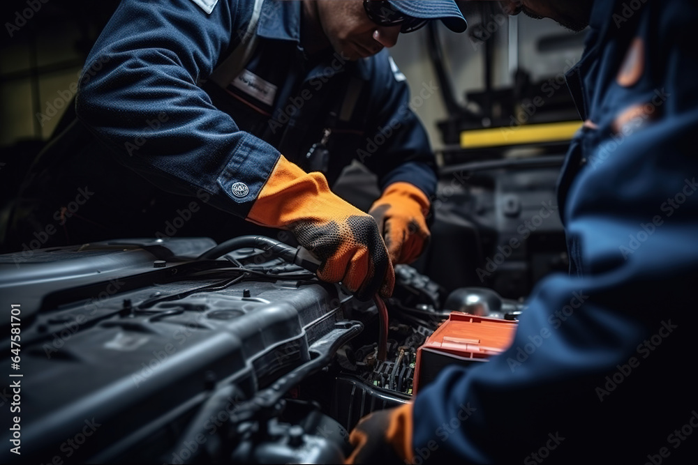 Maintenance of car battery. Check the electrical system inside the car - obrazy, fototapety, plakaty 