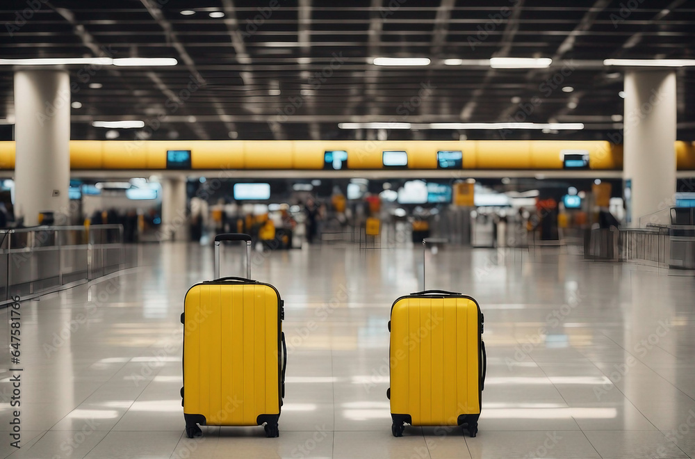 Bright yellow luggage or suitcases on airport floor ready for departure on new journey transporting 