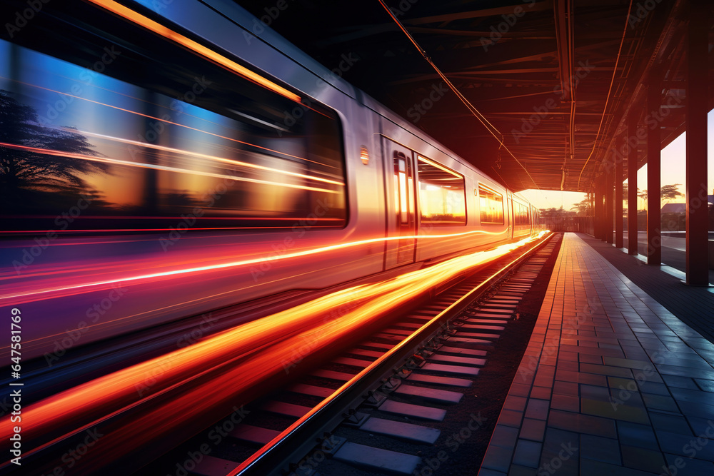 train passing by with long exposure trails of light and dynamic movement, train passing by with long exposure trails of light and dynamic movement,
