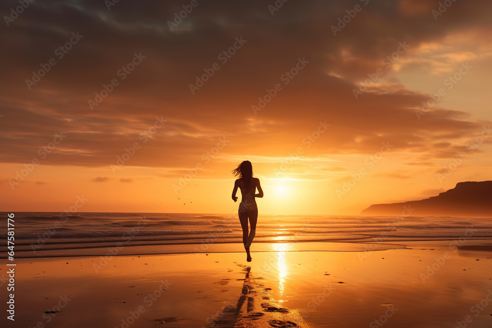 woman running on the beach at sunrise