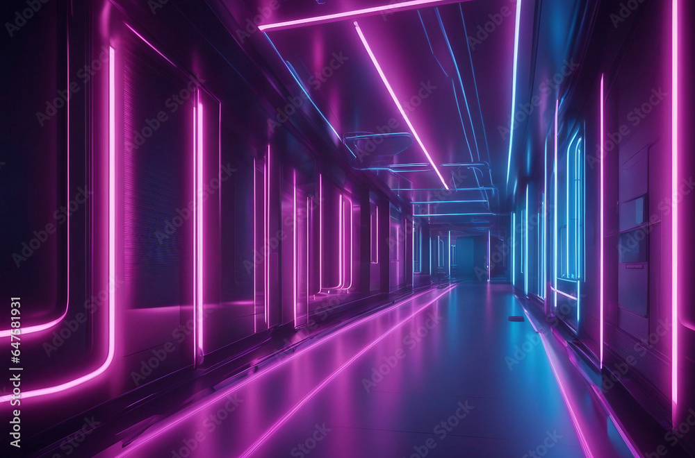 Futuristic corridor with glowing neon blue lines lights abstract background