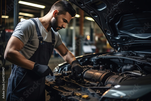 Professional car mechanic using a wrench for working on the engine of the car