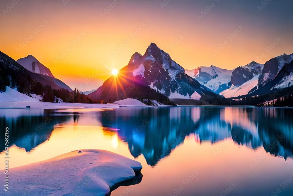 sunrise over the lake sunset on the mountain.
