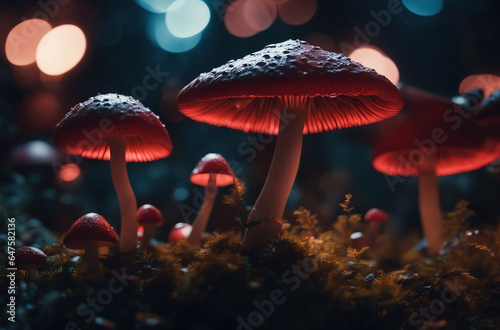 Neon mushrooms in the forest at night