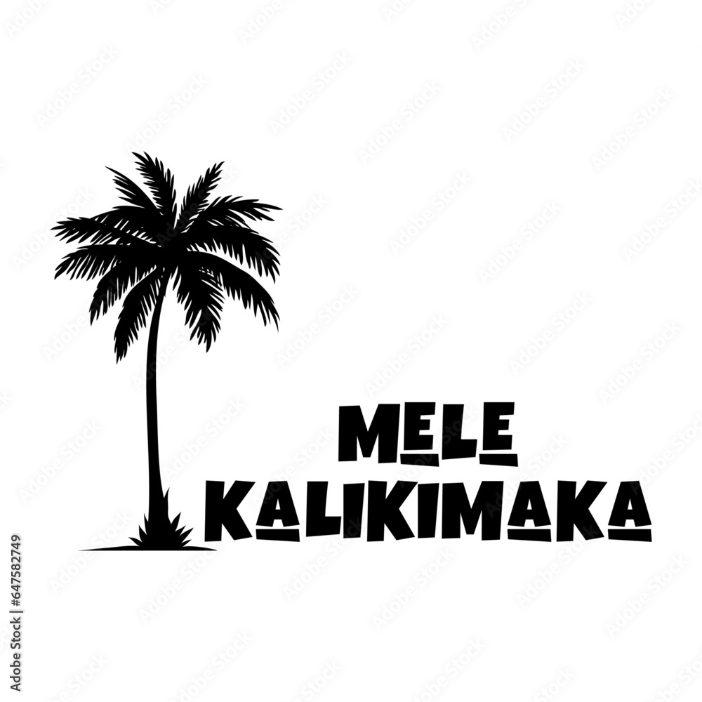 Mensaje con texto Mele Kalikimaka con letras estilo hawaiano en la arena de una playa con silueta de palmera. Logo Feliz Navidad en hawaiano.