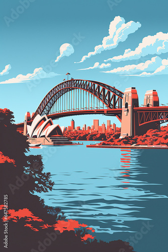 Duotone basic pop art vintage style travel poster of the Sydney Opera House and Harbour Bridge with a city highrise background in Australia.