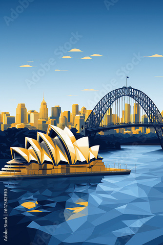 Duotone basic pop art vintage style travel poster of the Sydney Opera House and Harbour Bridge with a city highrise background in Australia.