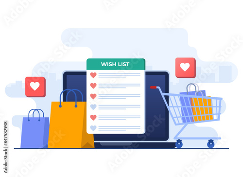 Shopping wishlist concept flat illustration vector template, Product wishlist online, Gift and shopping list