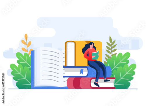 Female student reading books and preparing for exam, Education concept flat illustration vector template, 
