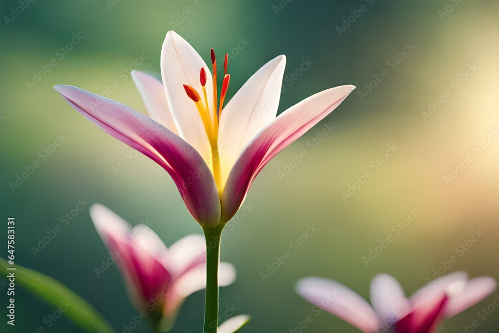 Create a high-definition image of a stunning Lily in a vibrant garden, bathed in soft sunlight Create a high-definition image of a stunning Lily in a vibrant garden, bathed in soft sunlight