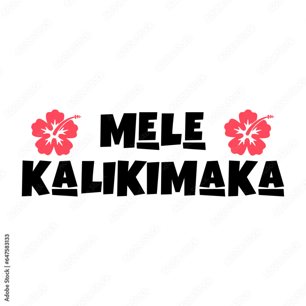 Mensaje con texto Mele Kalikimaka con letras estilo hawaiano con silueta de flor de hibisco. Logo Feliz Navidad en hawaiano.