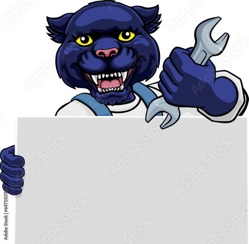 A panther handyman, mechanic, plumber or other construction cartoon mascot man holding a wrench or spanner tool.