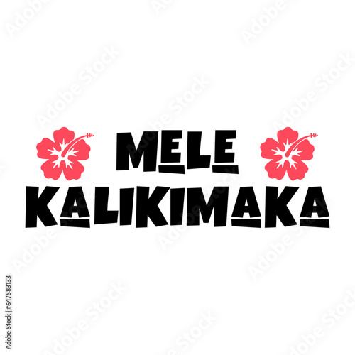 Mensaje con texto Mele Kalikimaka con letras estilo hawaiano con silueta de flor de hibisco. Logo Feliz Navidad en hawaiano.