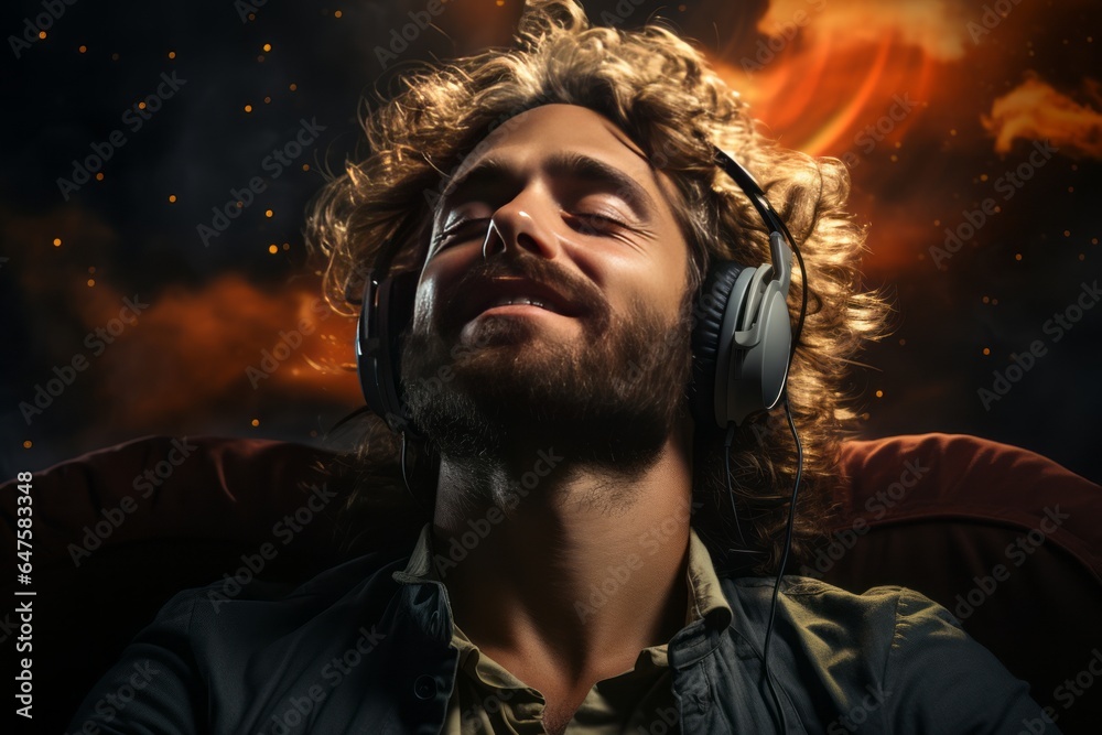  Man enjoying his favorite podcast using headphones on a gray background, Generative AI  - obrazy, fototapety, plakaty 