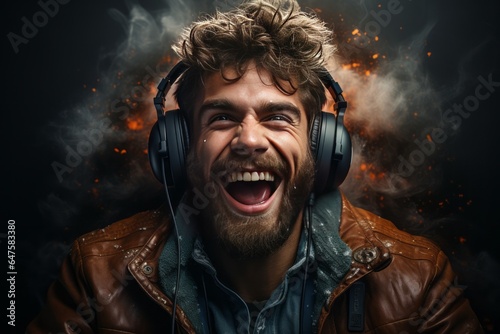  Man enjoying his favorite podcast using headphones on a gray background, Generative AI 