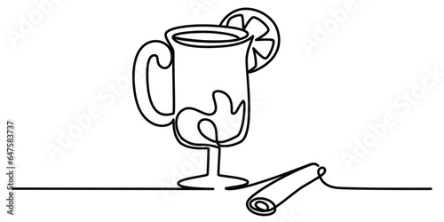 One continuous line drawing of mulled wine with cinnamon. Winter warming drink mulled wine in simple linear style. Editable stroke. Doodle outline vector illustration