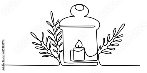 One continuous line drawing of Christmas candle holder. Christmas lantern in silhouette on a white background in simple linear style. Editable stroke. Doodle outline vector illustration