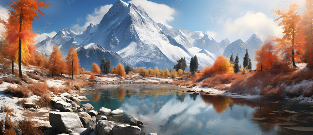 this is a view of a beautiful snowy mountain range with a lake and colorful trees - obrazy, fototapety, plakaty 
